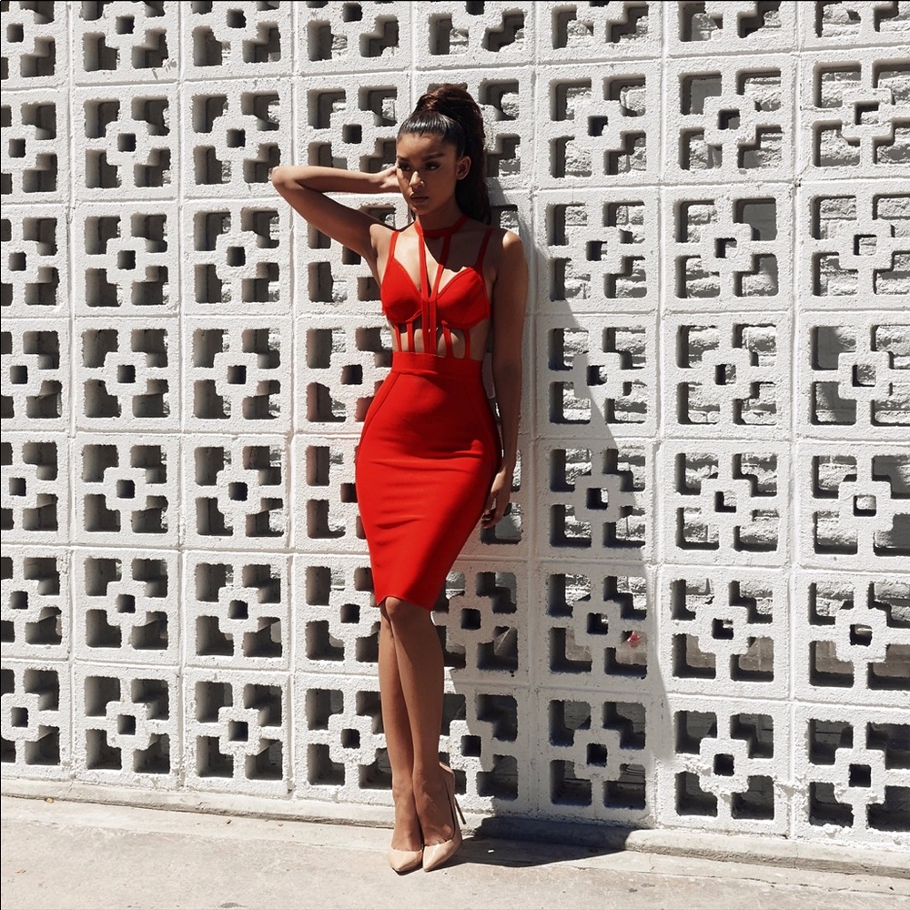 House of CB Noella caged red bandage dress